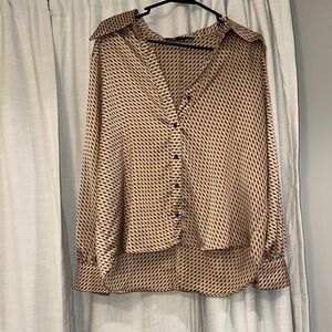 Zara Tan Geometric Button-Down Blouse